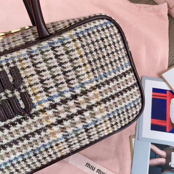Sac à main Miu 5BB147 28cm Tweed Marron Beige
