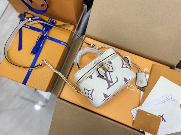 VANITY PM 19CM BIANCO VIOLA MONOGRAMMA TELA PELLE 