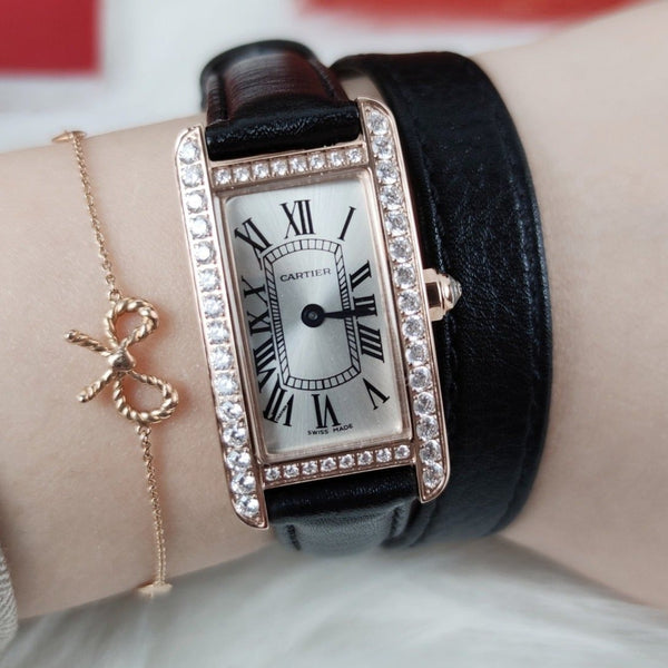 TANK AMERICAINE QUARTZ ORO ROSA LUNETTA DIAMANTI QUADRANTE ARGENTO