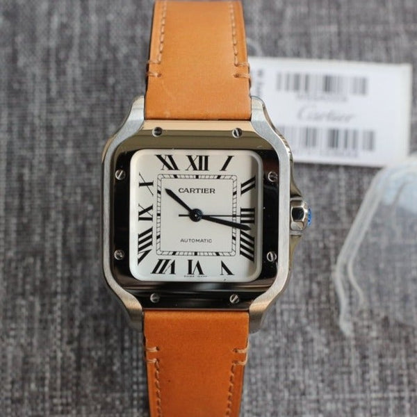 SANTOS 34MM CASSA IN ACCIAIO PELLE MARRONE 