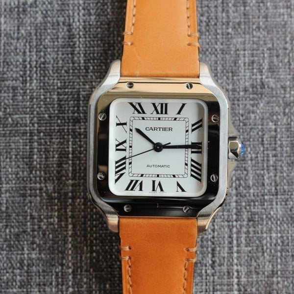 SANTOS 34MM CASSA IN ACCIAIO PELLE MARRONE 