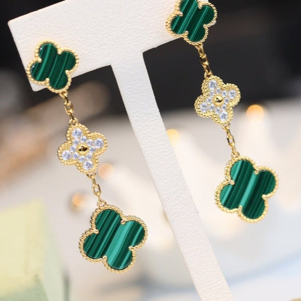 ORECCHINI CLOVER ORO MALACHITE DIAMANTI 3 MOTIVI