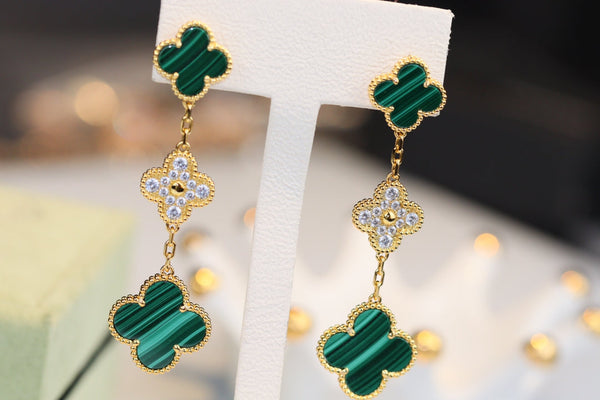 ORECCHINI CLOVER ORO MALACHITE DIAMANTI 3 MOTIVI