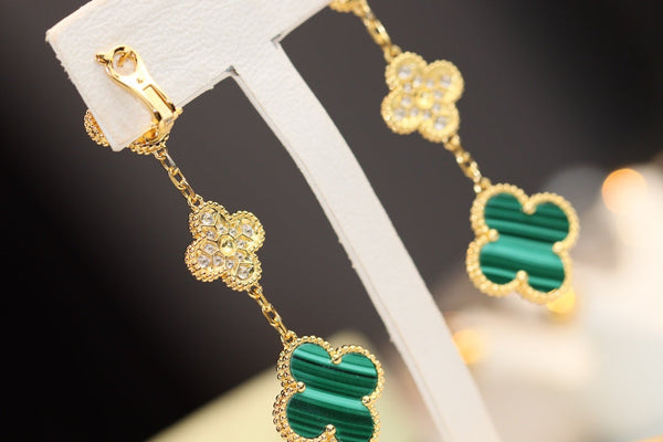 ORECCHINI CLOVER ORO MALACHITE DIAMANTI 3 MOTIVI