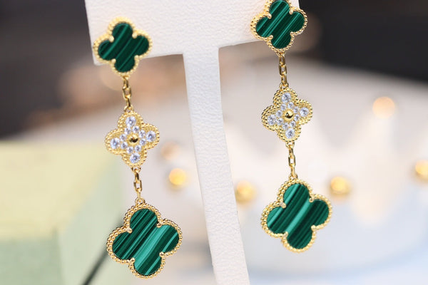 ORECCHINI CLOVER ORO MALACHITE DIAMANTI 3 MOTIVI