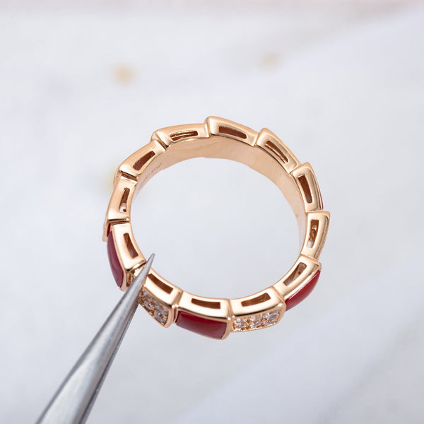 ANELLO SERPENTI ORO ROSA CORNIOLA DIAMANTI PAVE' 4MM
