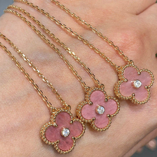 COLLANA IN ORO ROSA CON 1 DIAMANTE E RODONITE CLOVER