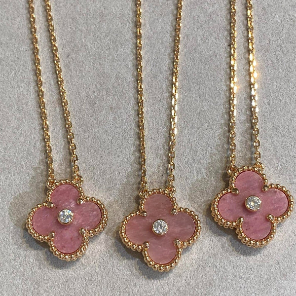 COLLANA IN ORO ROSA CON 1 DIAMANTE E RODONITE CLOVER