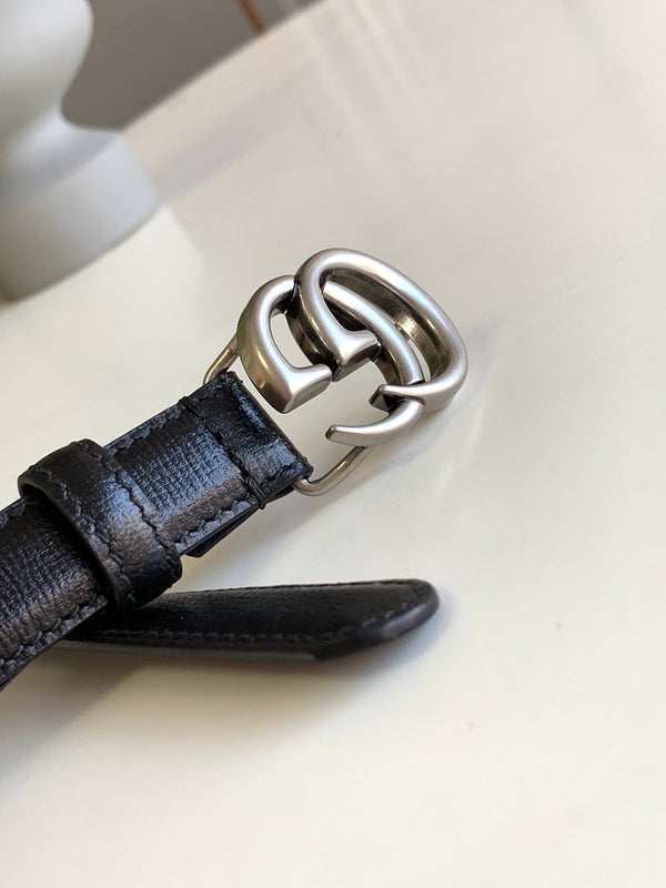 GG MARMONT THIN BELT DOUBLE G BUCKLE BLACK LEATHER