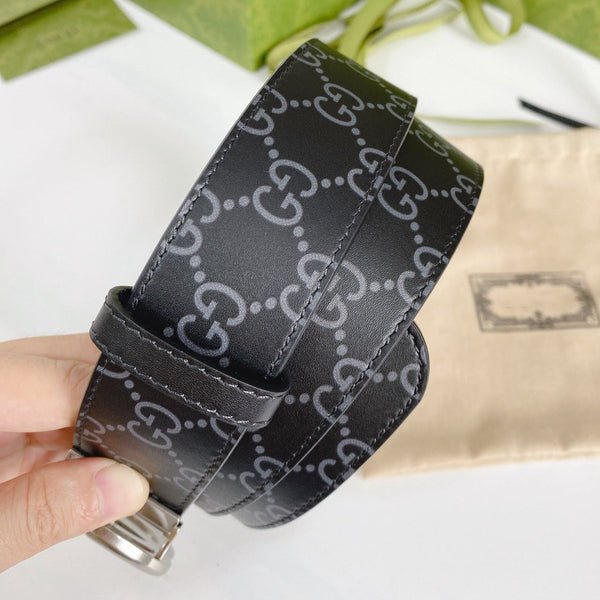 DOUBLE G SILVER BUCKLE 38MM BLACK LEATHER GREY MONOGRAM