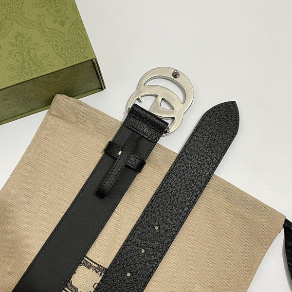 DOUBLE G SILVER BUCKLE 40MM BLACK LEATHER