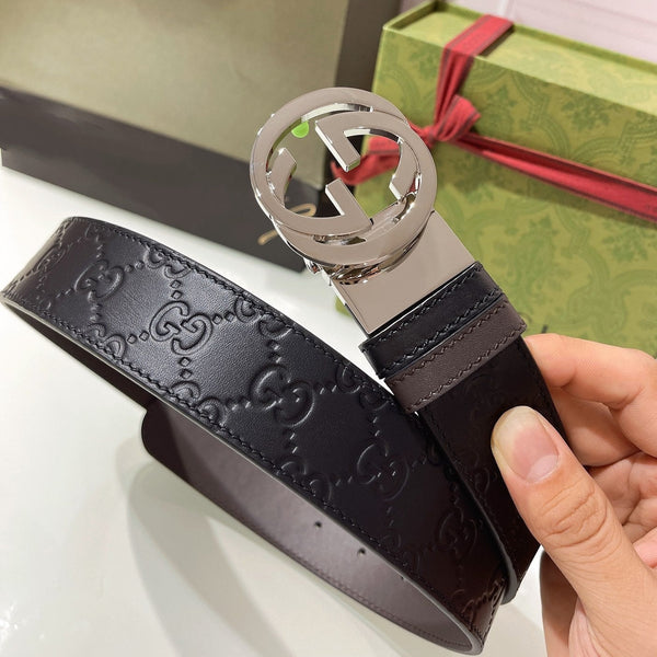 INTERLOCKING G SILVER BUCKLE 37MM BLACK BROWN LEATHER