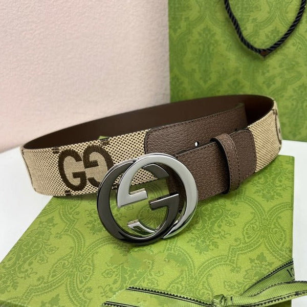 INTERLOCKING G BLACK SILVER BUCKLE 40MM BEIGE CANVAS