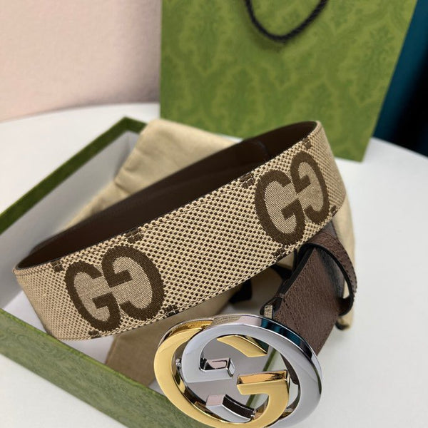 INTERLOCKING G GOLD GREY BUCKLE 40MM BEIGE CANVAS