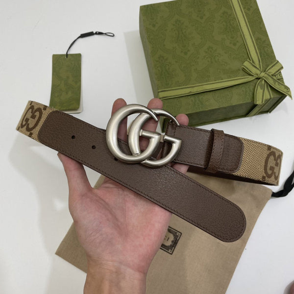 GG BELT 40MM SILVER BUCKLE BEIGE CANVAS