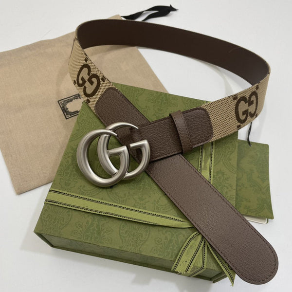 GG BELT 40MM SILVER BUCKLE BEIGE CANVAS