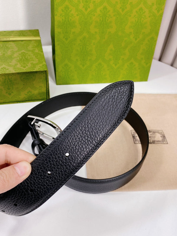 G BELT SILVER BUCKLE BLACK LEATHER 4.0CM