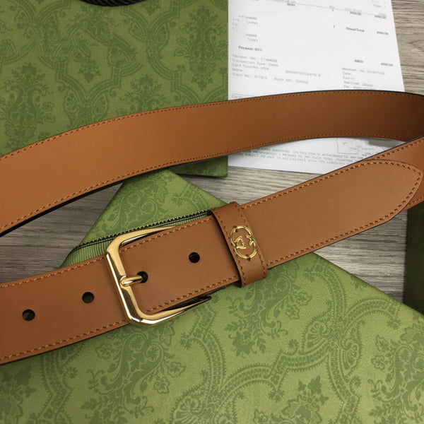 G BELT GOLD SQUARE INSTALL BUCKLE BROWN LEATHER 3.5CM