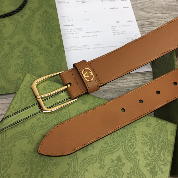 G BELT GOLD SQUARE INSTALL BUCKLE BROWN LEATHER 3.5CM
