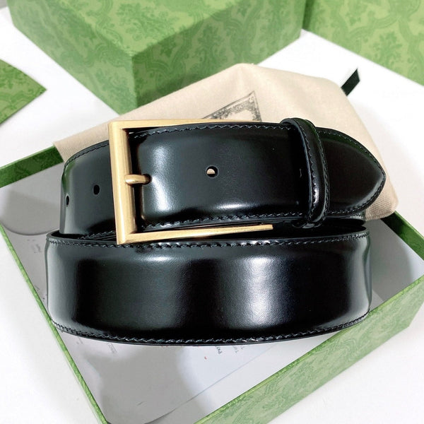 G BELT GOLD SQUARE INSTALL BUCKLE BLACK LEATHER 4.0CM