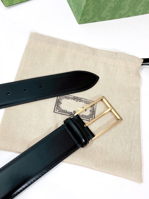 G BELT GOLD SQUARE INSTALL BUCKLE BLACK LEATHER 4.0CM