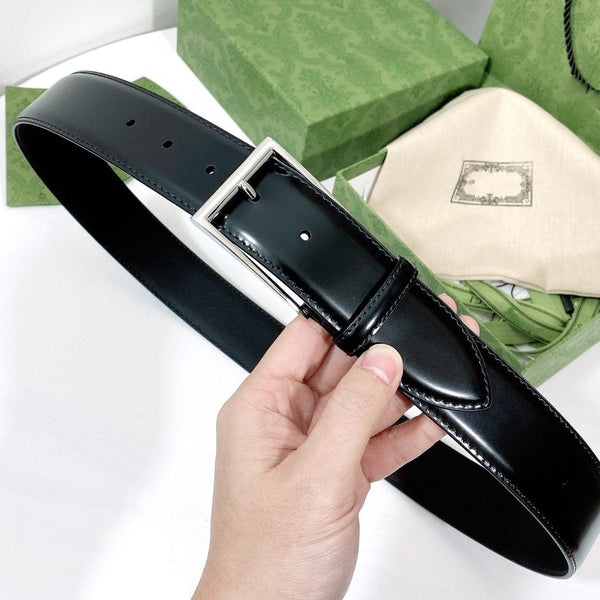 G BELT SILVER SQUARE INSTALL BUCKLE BLACK LEATHER 4.0CM