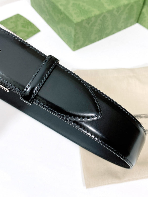 G BELT SILVER SQUARE INSTALL BUCKLE BLACK LEATHER 4.0CM