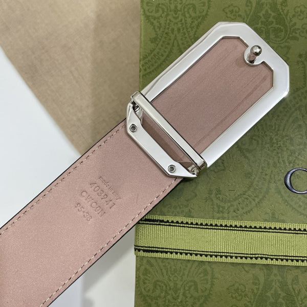 G BELT SILVER SQUARE BUCKLE BLACK LEATHER 3.5CM