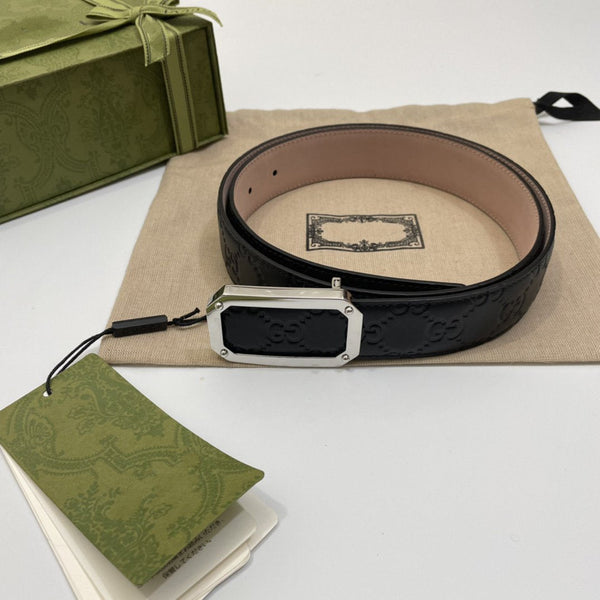 G BELT SILVER SQUARE BUCKLE BLACK LEATHER 3.5CM