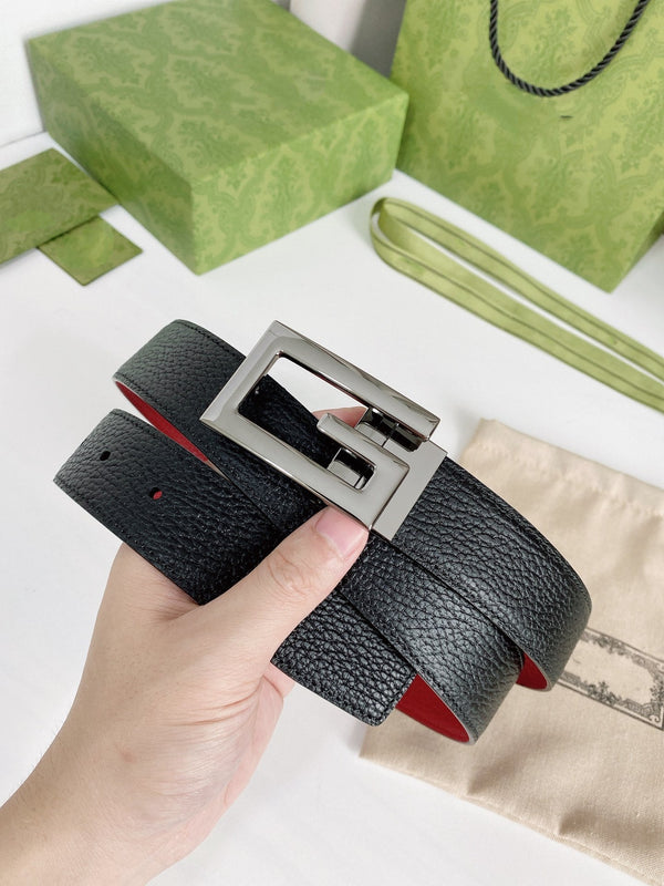 G BELT SILVER BUCKLE RED BLACK LEATHER 3.5CM