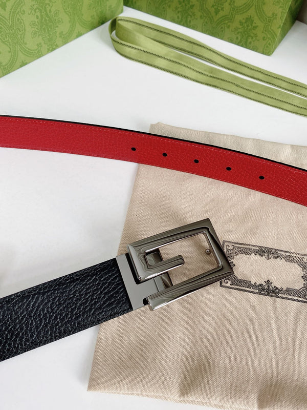 G BELT SILVER BUCKLE RED BLACK LEATHER 3.5CM