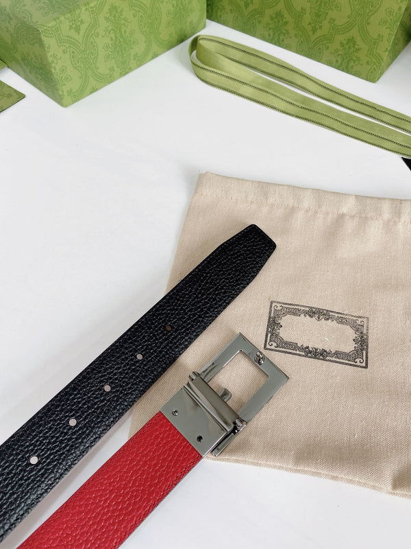 G BELT SILVER BUCKLE RED BLACK LEATHER 3.5CM