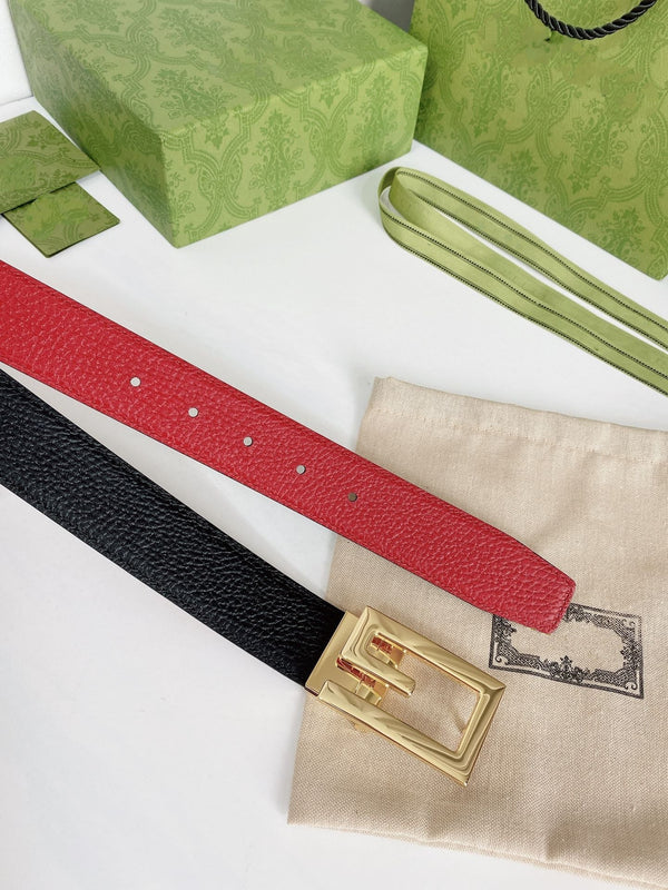 G BELT GOLD BUCKLE RED BLACK LEATHER 3.5CM