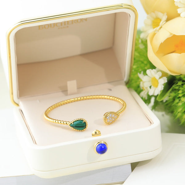 BRACCIALE APERTO IN ORO CON MALACHITE E DIAMANTI BOHEME