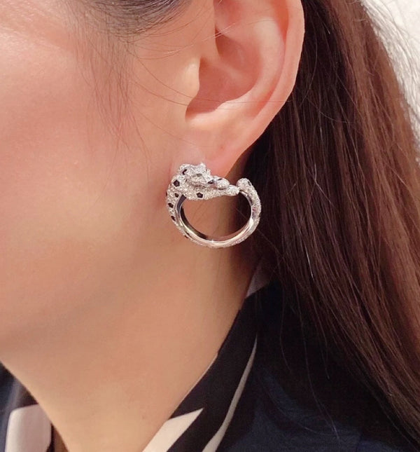 ORECCHINI IN ARGENTO, ONICE, MALCHITE E DIAMANTI PANTHERE