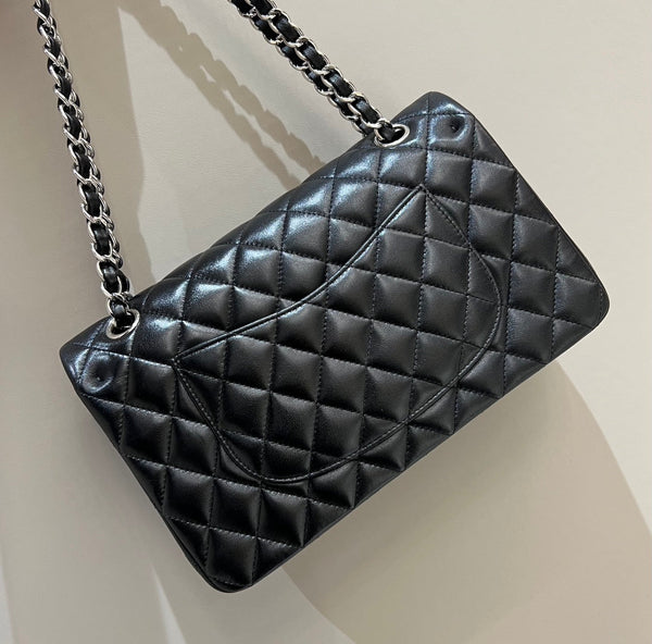 BORSA A PATTA 25 CM FERRAMENTA ARGENTO PELLE DI AGNELLO NERA
