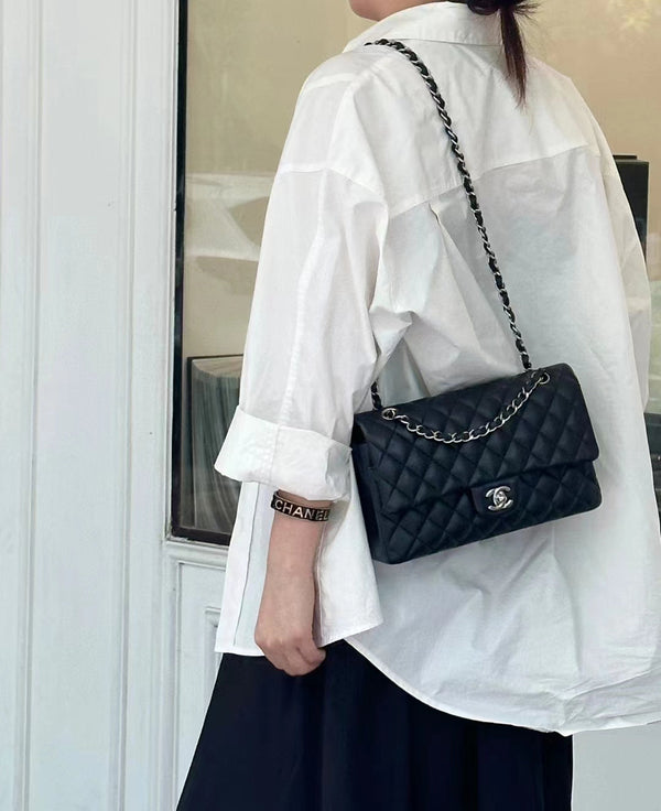BORSA A PATTA 25 CM FERRAMENTA ARGENTO PELLE DI AGNELLO NERA