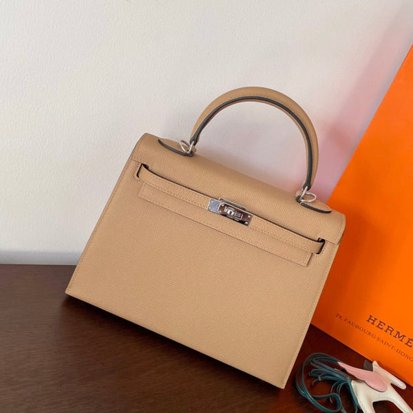 HM KELLY 25CM BEIGE PELLE EPSOM FERRAMENTA ARGENTO