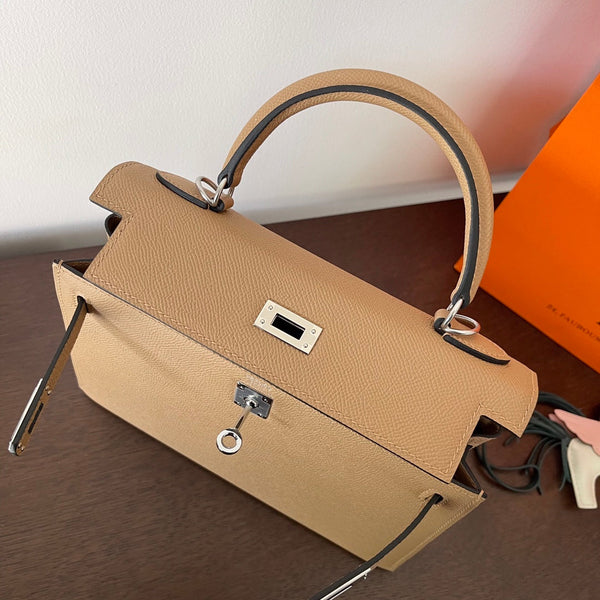 HM KELLY 25CM BEIGE PELLE EPSOM FERRAMENTA ARGENTO