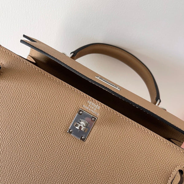 HM KELLY 25CM BEIGE PELLE EPSOM FERRAMENTA ARGENTO