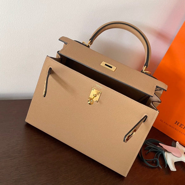 HM KELLY 25CM BEIGE PELLE EPSOM FERRAMENTA ORO