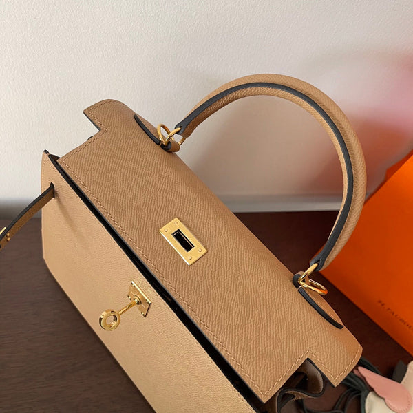 HM KELLY 25CM BEIGE PELLE EPSOM FERRAMENTA ORO