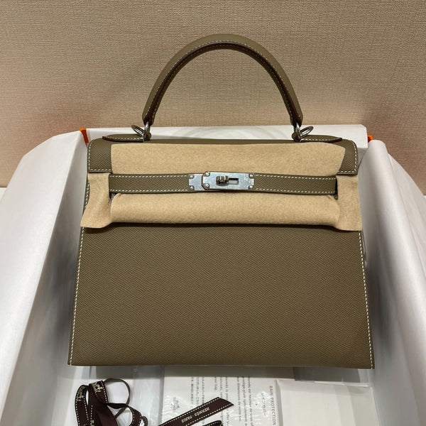 HM KELLY 28CM ETOUPE PELLE EPSOM FERRAMENTA ARGENTO