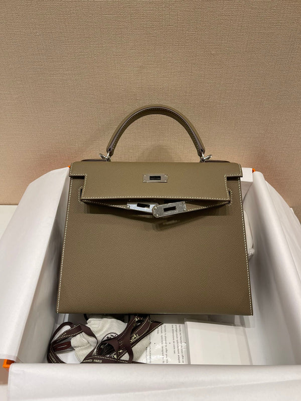 HM KELLY 28CM ETOUPE PELLE EPSOM FERRAMENTA ARGENTO