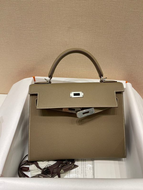 HM KELLY 28CM ETOUPE PELLE EPSOM FERRAMENTA ARGENTO