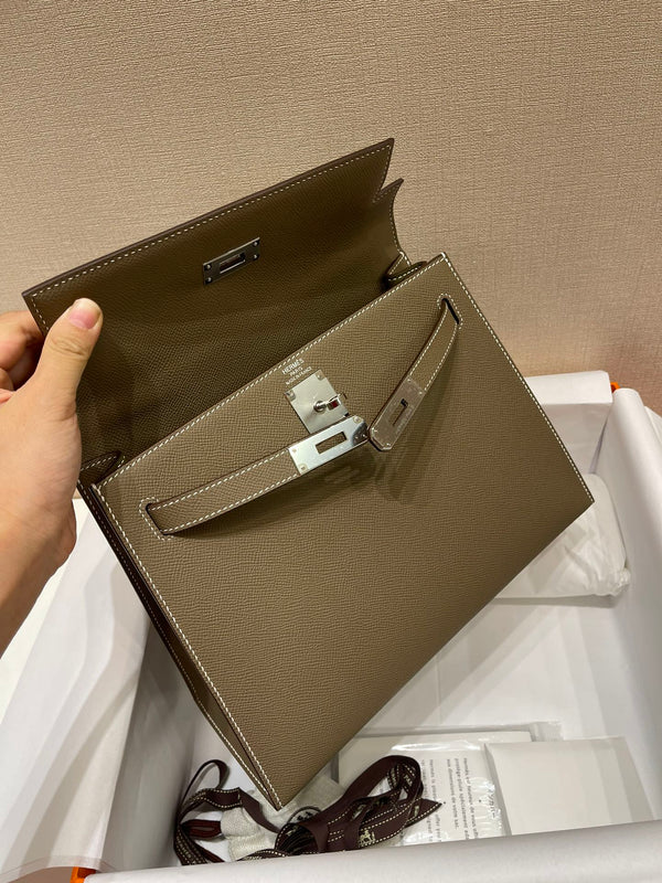 HM KELLY 28CM ETOUPE PELLE EPSOM FERRAMENTA ARGENTO