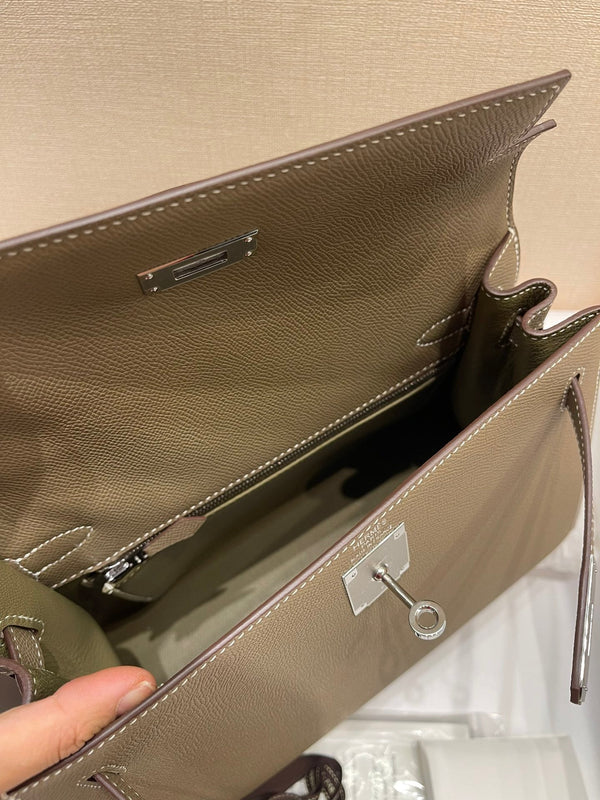 HM KELLY 28CM ETOUPE PELLE EPSOM FERRAMENTA ARGENTO