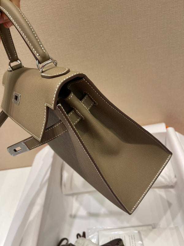 HM KELLY 28CM ETOUPE PELLE EPSOM FERRAMENTA ARGENTO