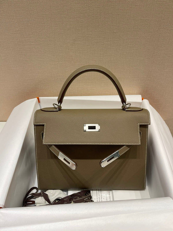 HM KELLY 28CM ETOUPE PELLE EPSOM FERRAMENTA ARGENTO