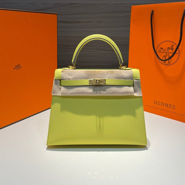 HM KELLY 25CM PELLE EPSOM COLOR LIME FERRAMENTA ORO